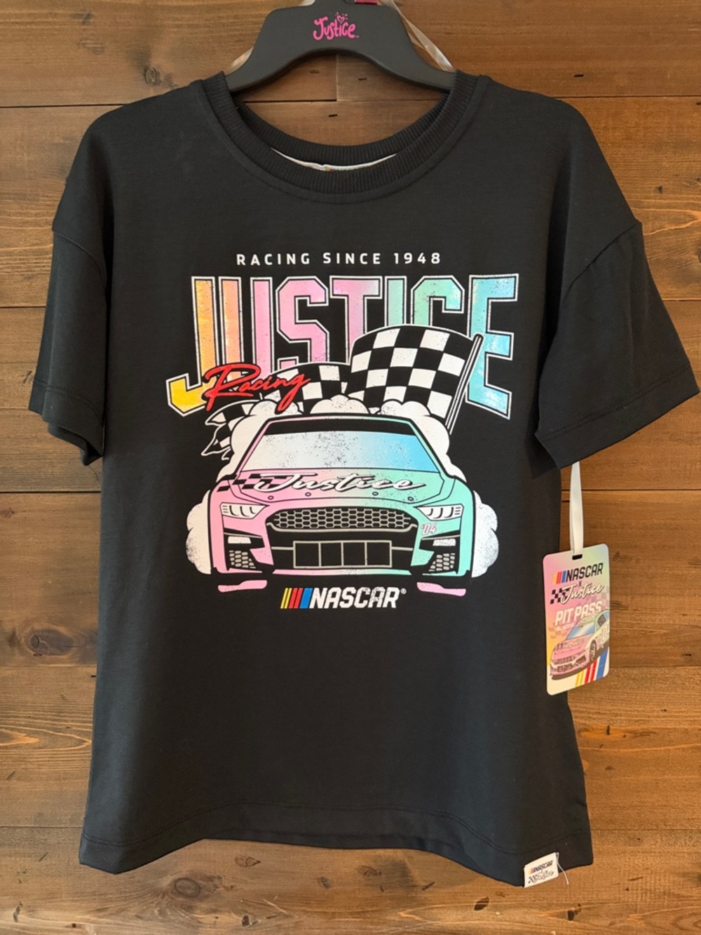 Justice Black NASCAR Graphic Tee with Pastel Pink Mint Yellow Blue